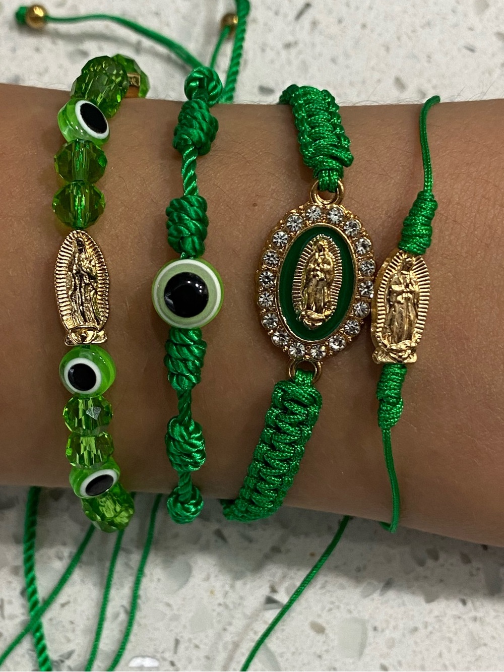 4pc Green Protection Bracelet Set - Evil Eye & Virgen de Guadalupe